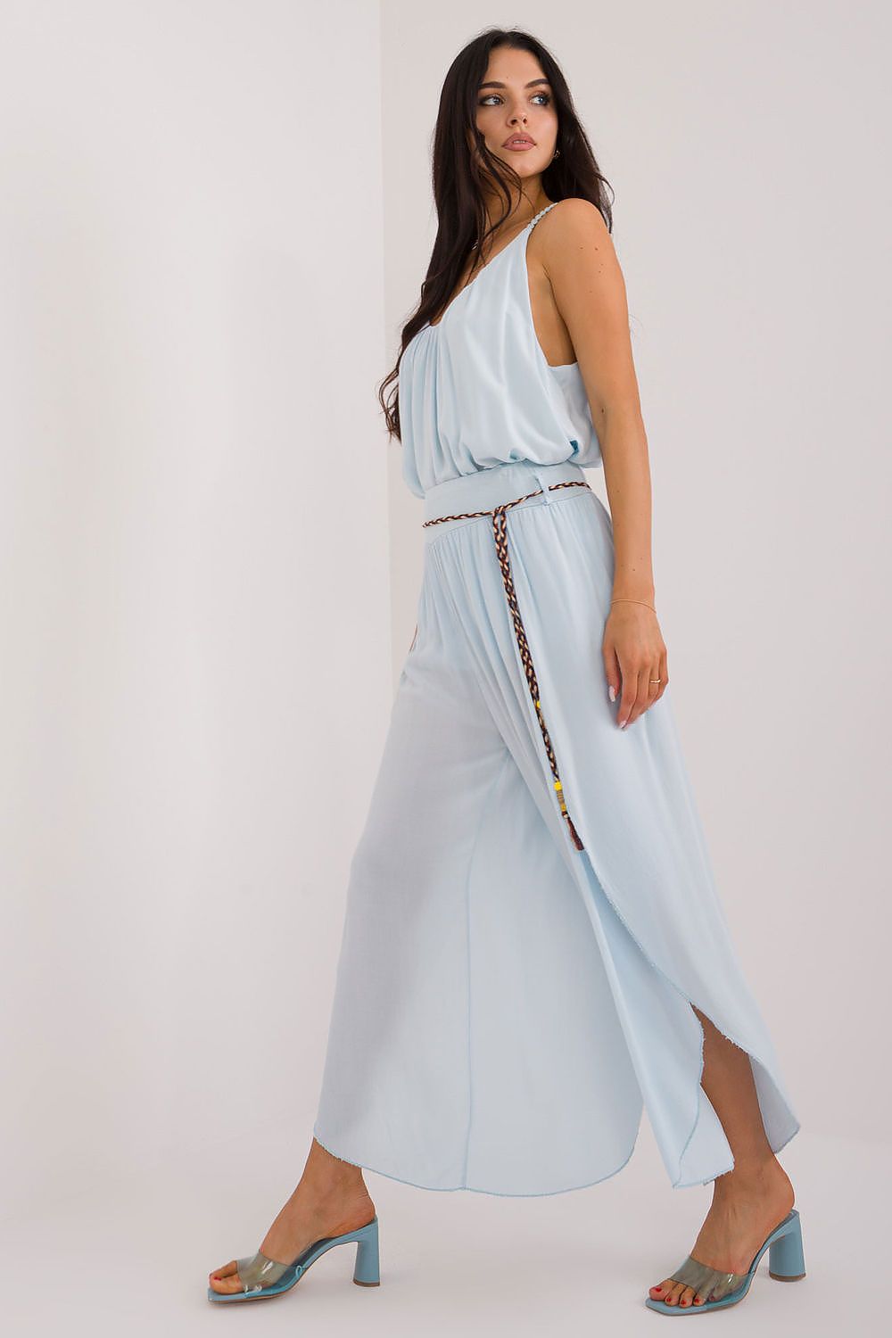 Women's High Waist Viscose Trousers - Airy Pants with Decorative Tie