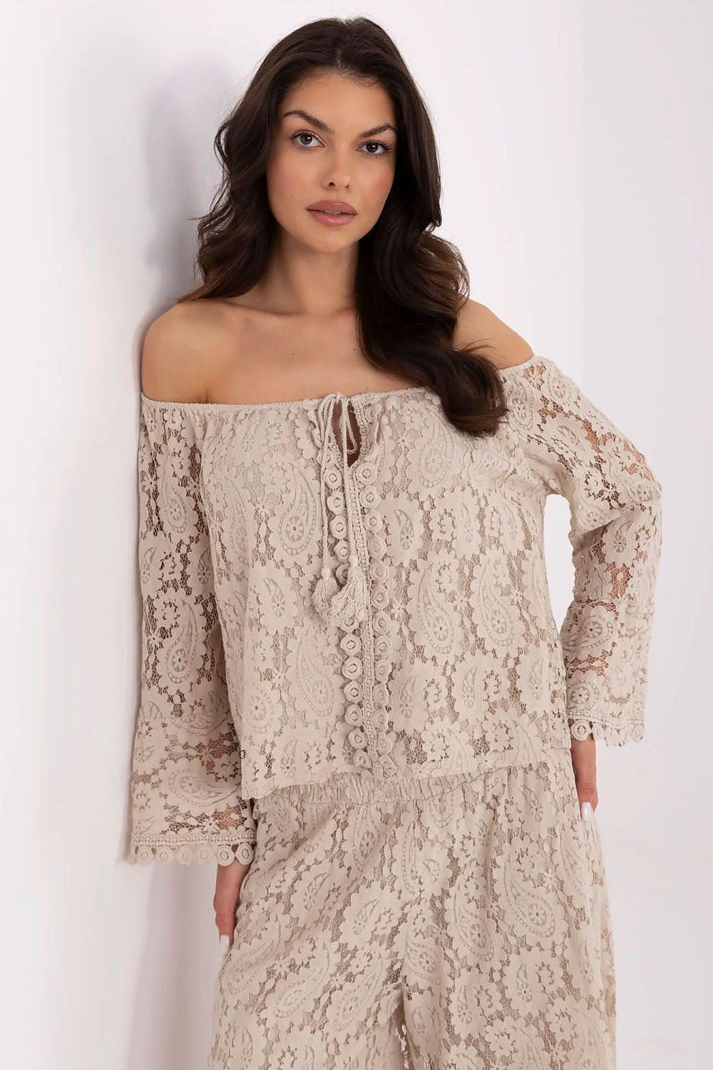 Elegant Spanish Neck Lace Tie Blouse