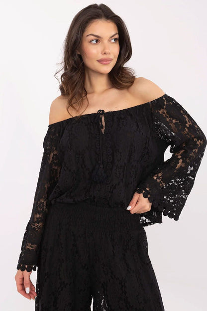 Elegant Spanish Neck Lace Tie Blouse black one-size-fits-all