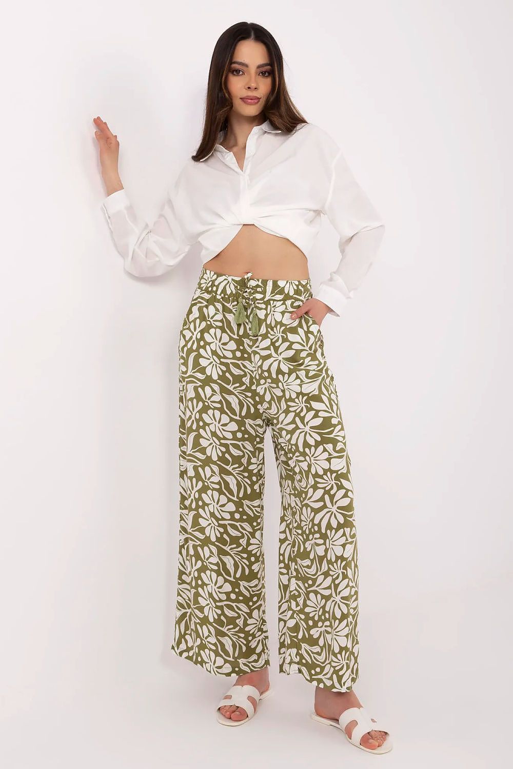 Women's Viscose High Waist Wide Leg Trousers - Printed Casual Pants