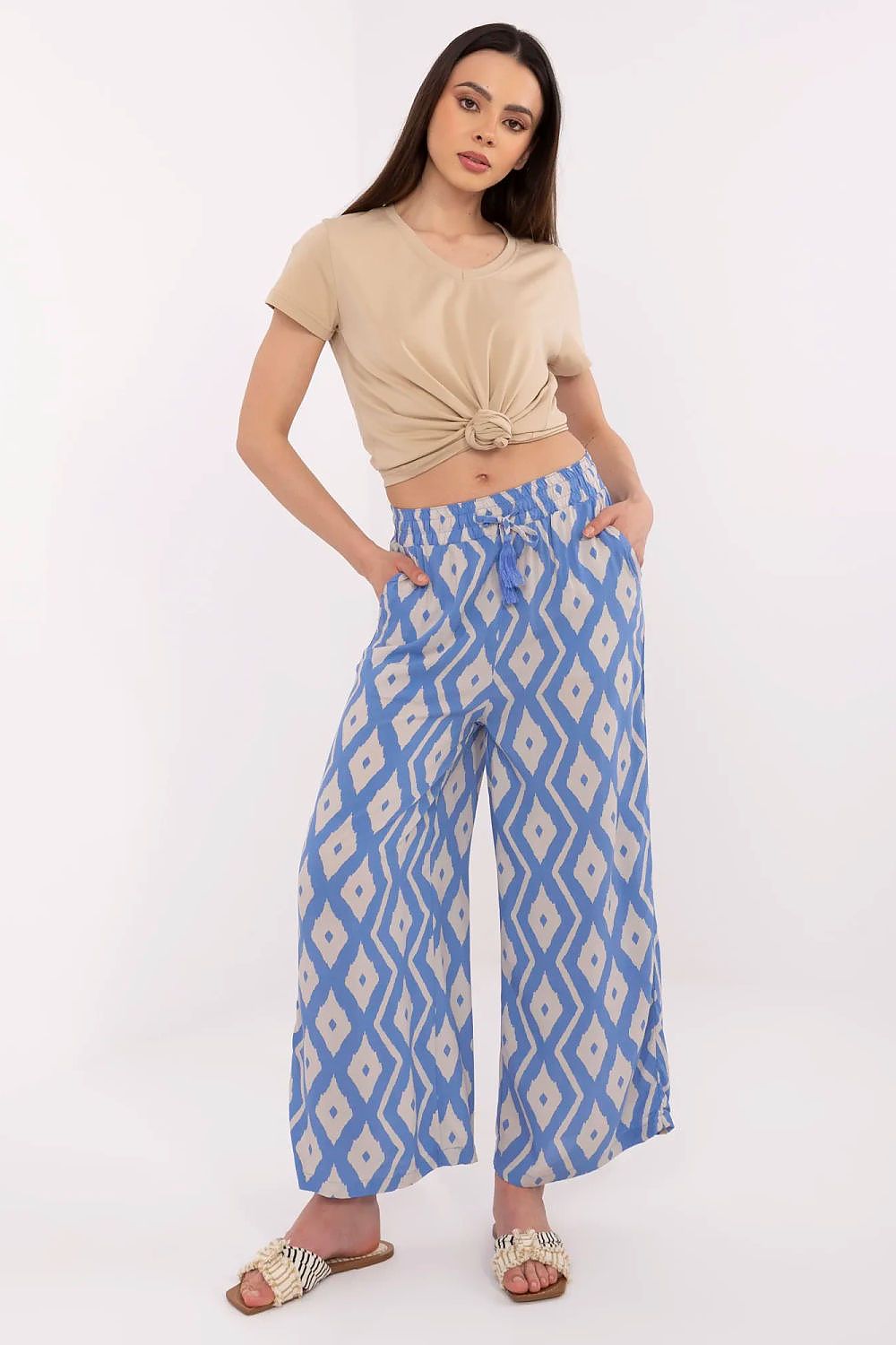 Women's Viscose High Waist Wide Leg Trousers - Printed Casual Pants