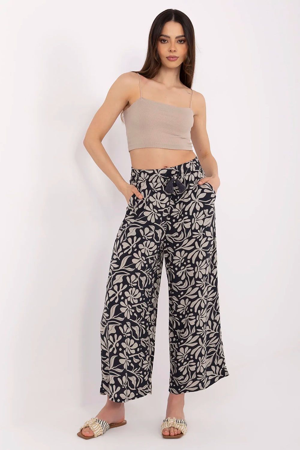 Women's Viscose High Waist Wide Leg Trousers - Printed Casual Pants navy blue