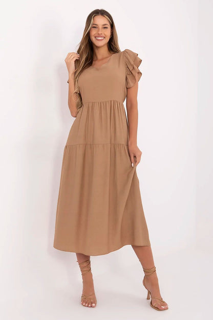 Summer Midi Dress Flared Cut Flutter Sleeves V-Neck Back Buttons Waist Tie brown one-size-fits-all