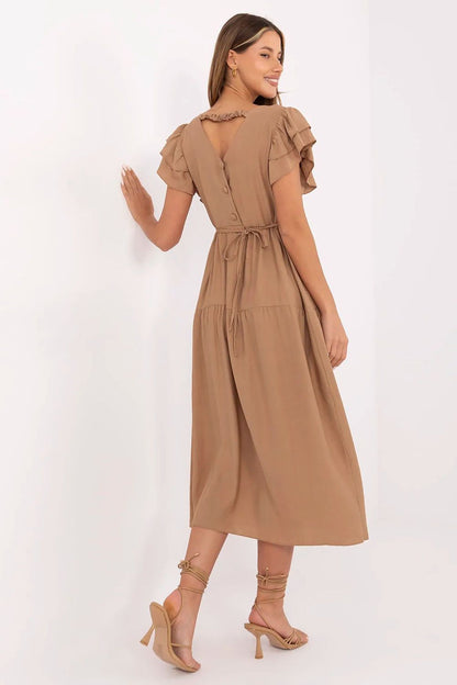 Summer Midi Dress Flared Cut Flutter Sleeves V-Neck Back Buttons Waist Tie
