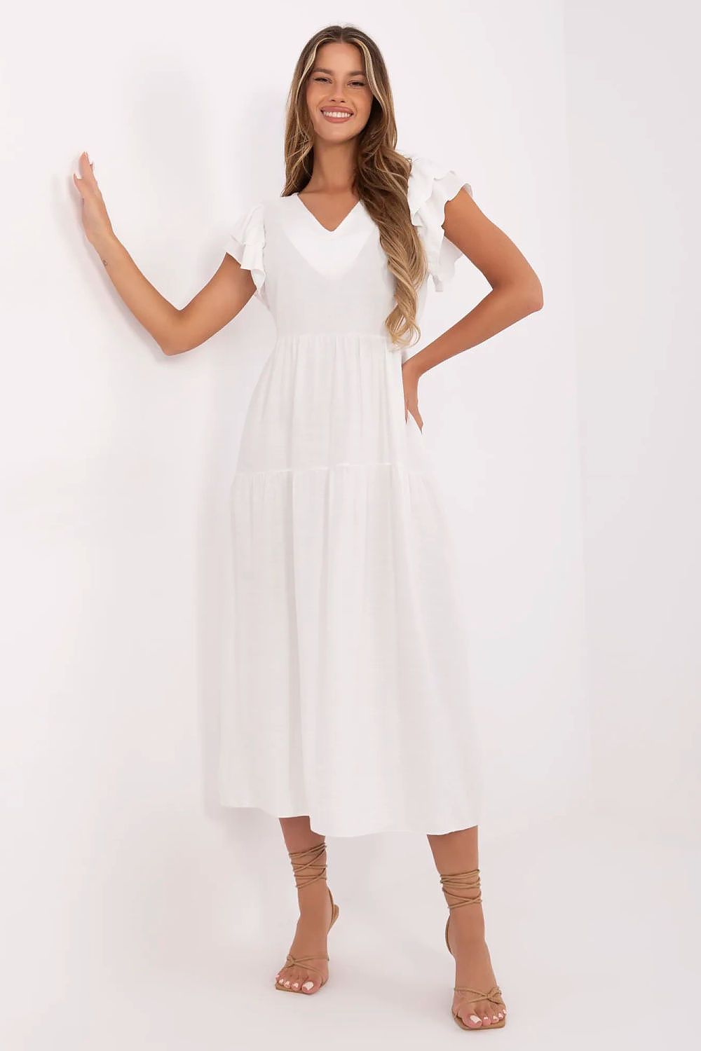Summer Midi Dress Flared Cut Flutter Sleeves V-Neck Back Buttons Waist Tie