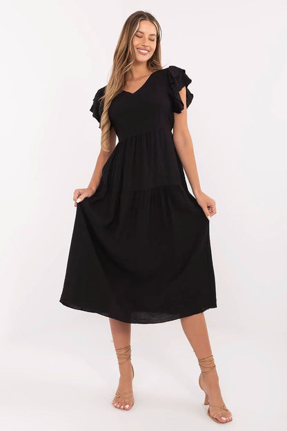 Summer Midi Dress Flared Cut Flutter Sleeves V-Neck Back Buttons Waist Tie black one-size-fits-all