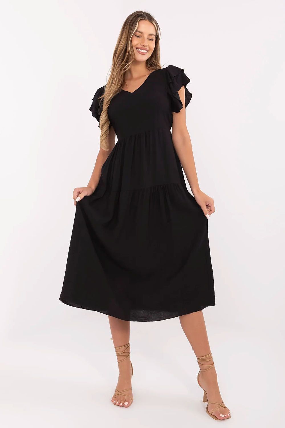 Summer Midi Dress Flared Cut Flutter Sleeves V-Neck Back Buttons Waist Tie black one-size-fits-all