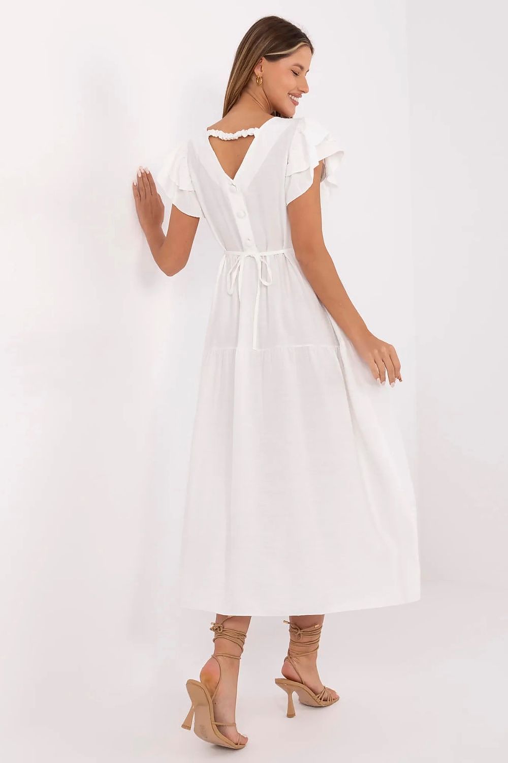 Summer Midi Dress Flared Cut Flutter Sleeves V-Neck Back Buttons Waist Tie