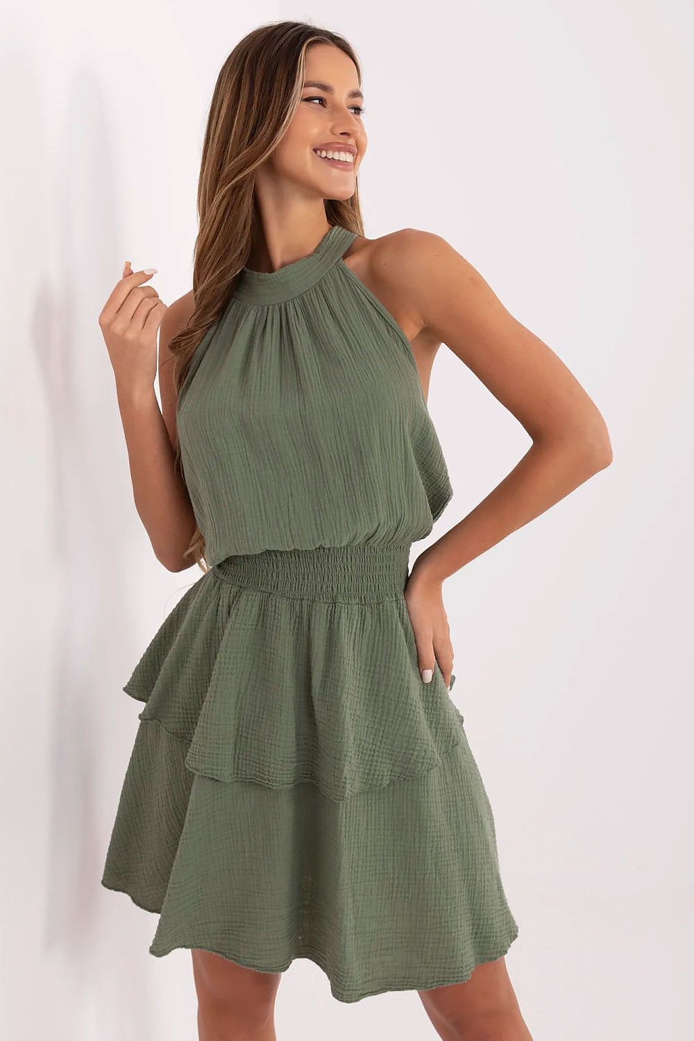 Cotton Muslin Summer Dress Flared Cut Sleeveless Waist Ruching Back Tie