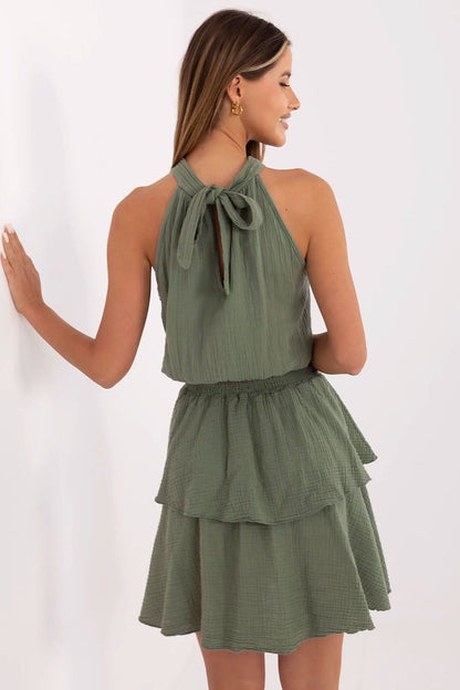 Cotton Muslin Summer Dress Flared Cut Sleeveless Waist Ruching Back Tie