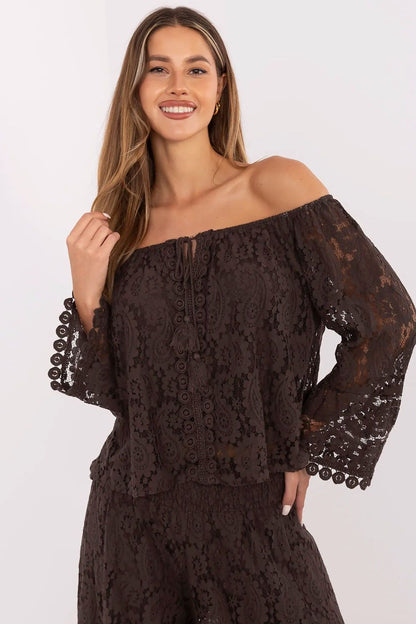 Elegant Spanish Neck Lace Tie Blouse brown one-size-fits-all