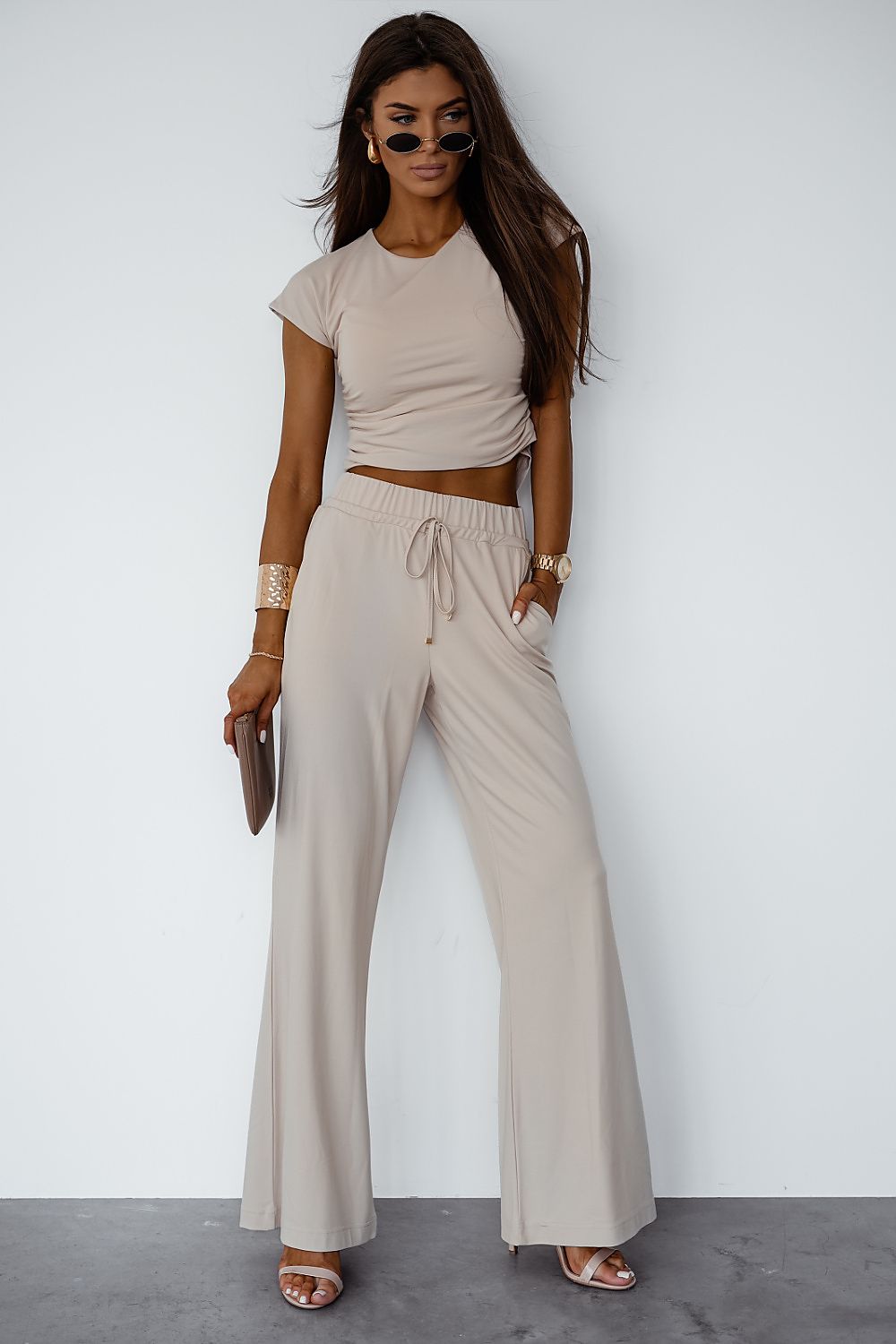 Women's Viscose Elastane Blouse & Long Trousers Set - Comfortable Two Piece beige 4
