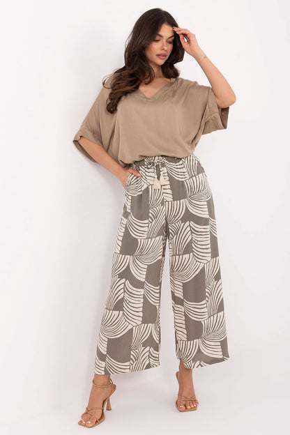 Women's Viscose High Waist Wide Leg Trousers - Printed Casual Pants