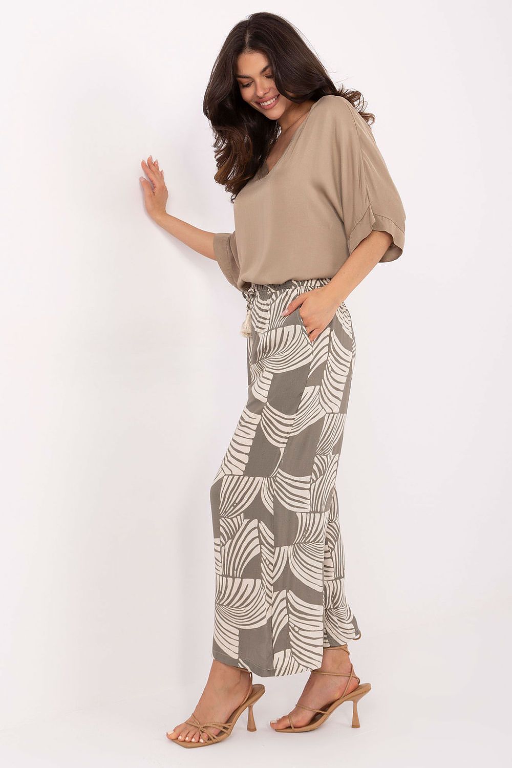 Women's Viscose High Waist Wide Leg Trousers - Printed Casual Pants