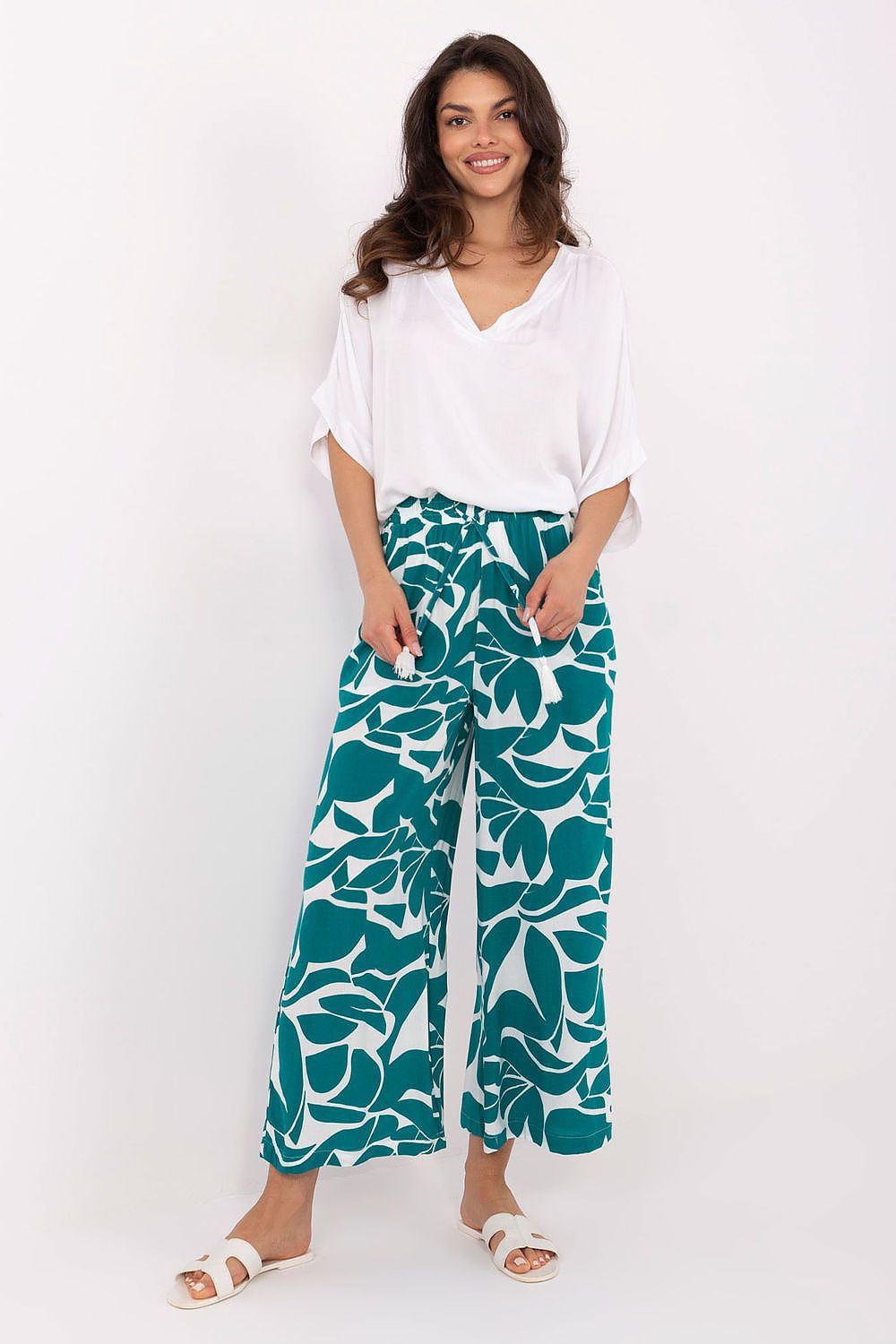 Women's Viscose High Waist Wide Leg Trousers - Printed Casual Pants