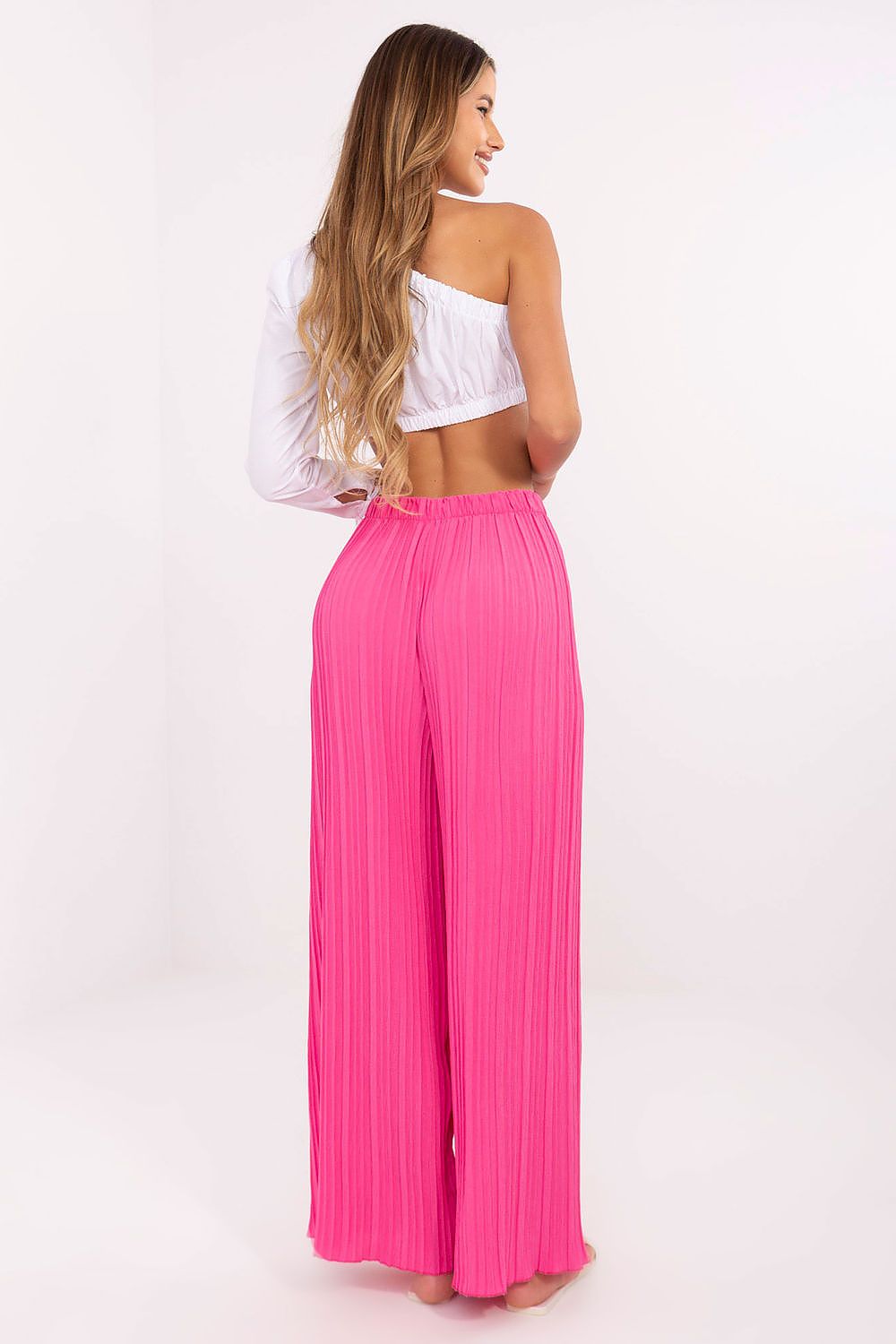 Women's High Waist Wide Leg Polyester Trousers - Structured Fabric Pants
