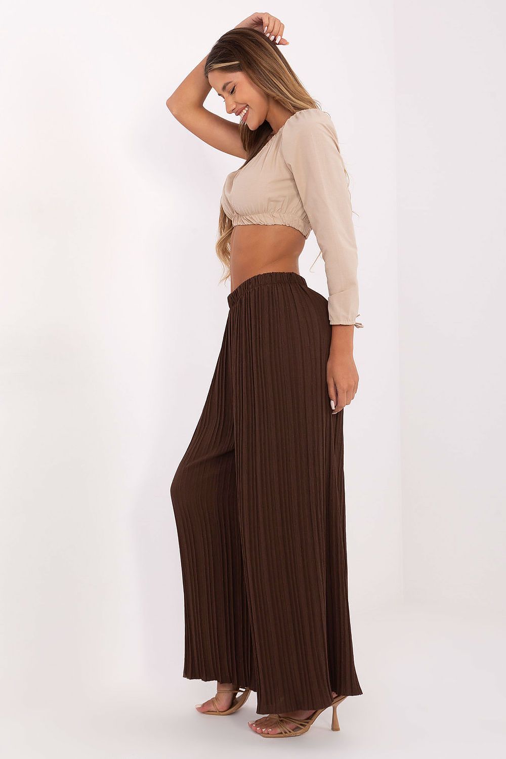 Women's High Waist Wide Leg Polyester Trousers - Structured Fabric Pants