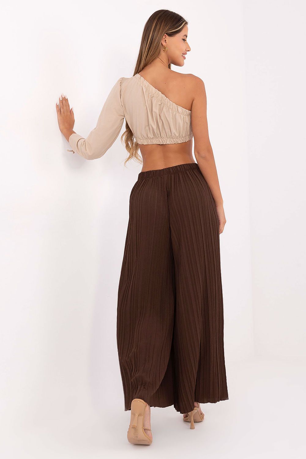 Women's High Waist Wide Leg Polyester Trousers - Structured Fabric Pants