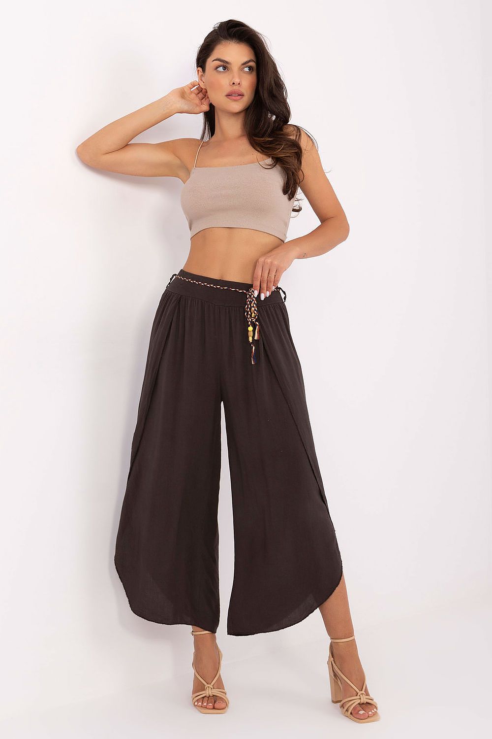Women's High Waist Viscose Trousers - Airy Pants with Decorative Tie