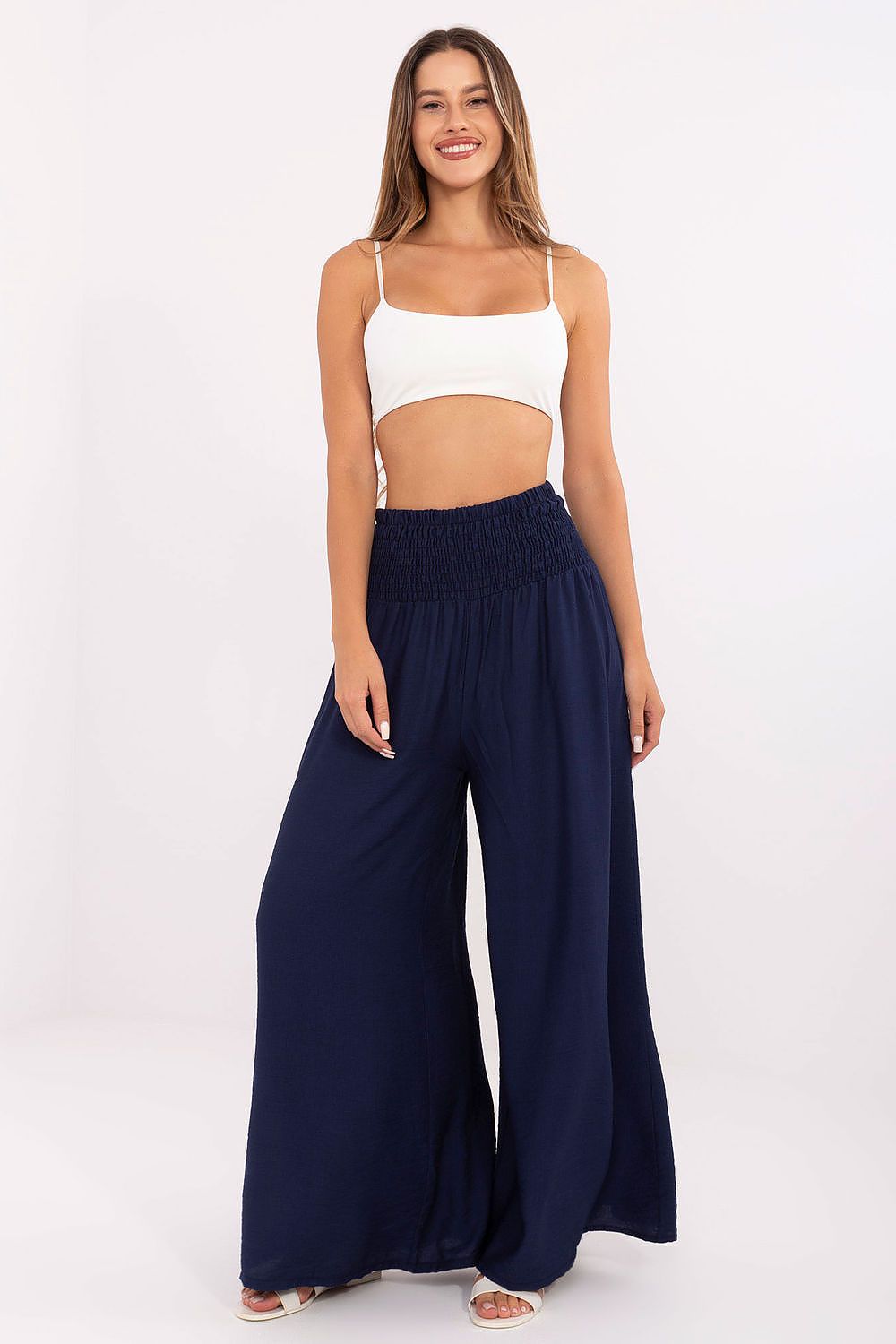 Women's High Waist Palazzo Pants - Viscose Nylon Wide Leg Trousers navy blue one-size-fits-all