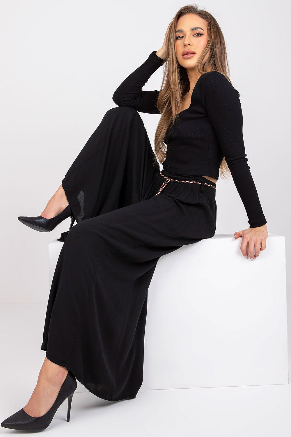 Women's High Waist Wide Leg Viscose Trousers - Elastic Waist with Tie Belt