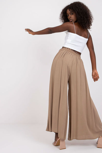 Women's High Waist Wide Leg Viscose Trousers - Elastic Waist with Tie Belt