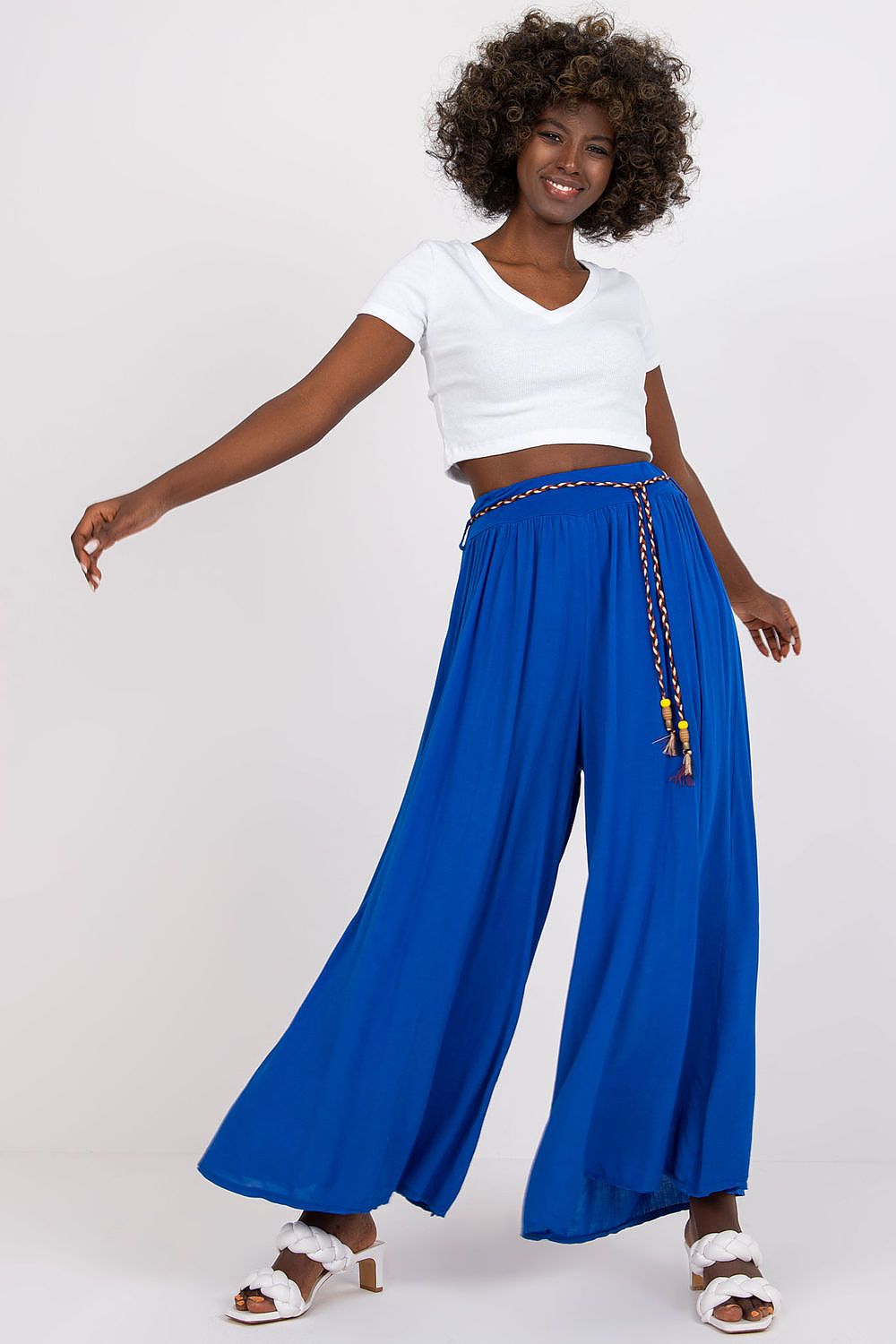 Women's High Waist Wide Leg Viscose Trousers - Elastic Waist with Tie Belt