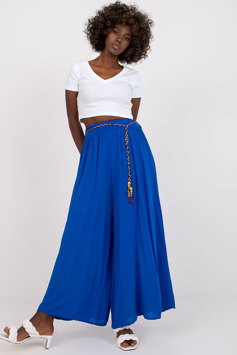Women's High Waist Wide Leg Viscose Trousers - Elastic Waist with Tie Belt