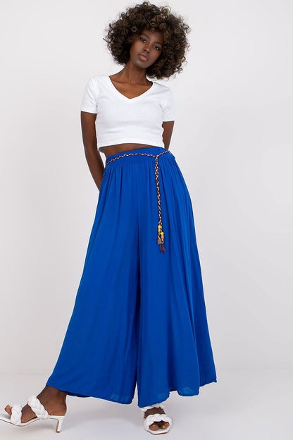Women's High Waist Wide Leg Viscose Trousers - Elastic Waist with Tie Belt