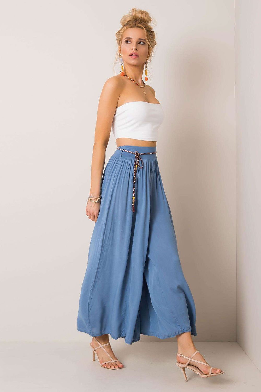 Women's High Waist Wide Leg Viscose Trousers - Elastic Waist with Tie Belt