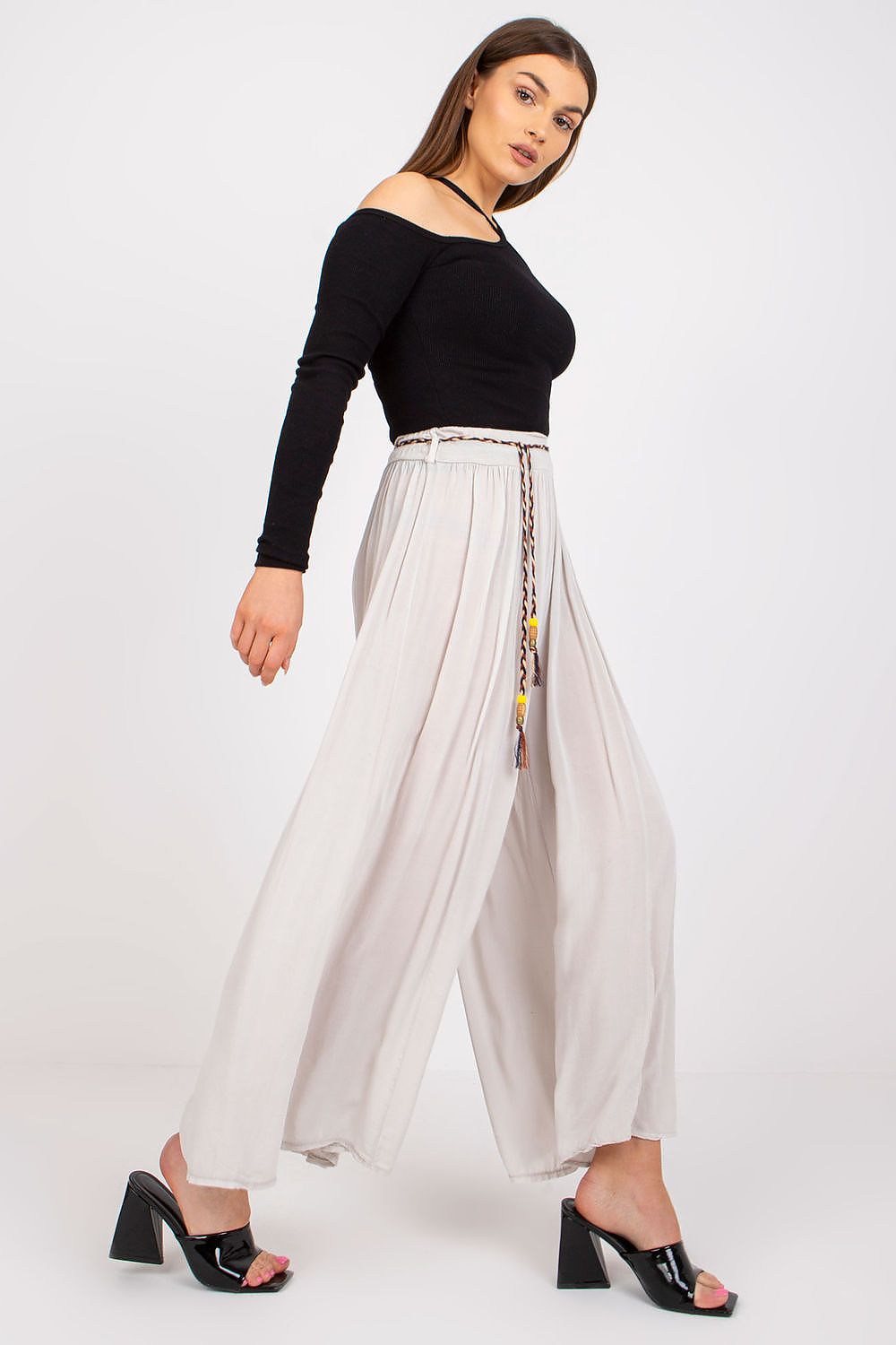 Women's High Waist Wide Leg Viscose Trousers - Elastic Waist with Tie Belt