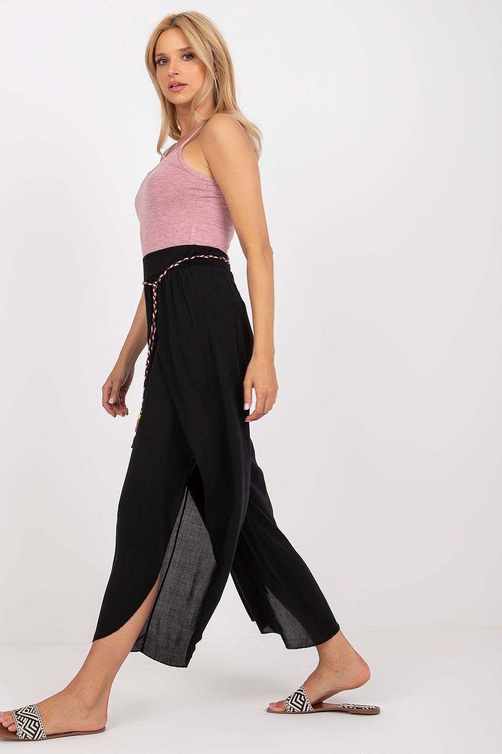 Women's High Waist Viscose Trousers - Airy Pants with Decorative Tie