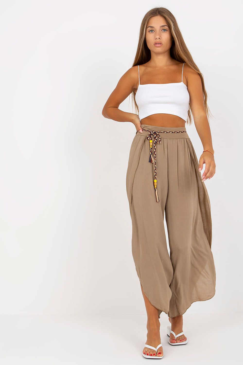 Women's High Waist Viscose Trousers - Airy Pants with Decorative Tie