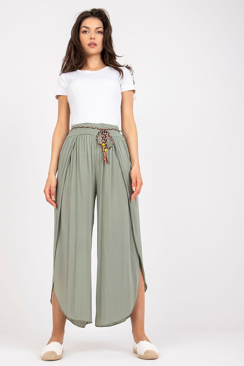 Women's High Waist Viscose Trousers - Airy Pants with Decorative Tie green 3
