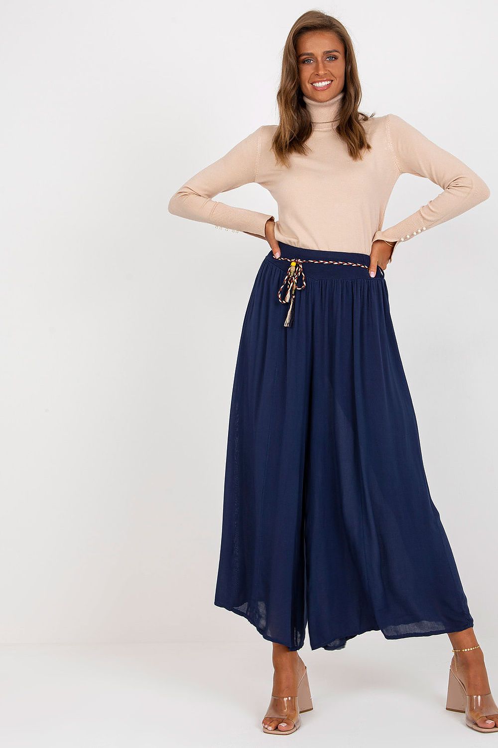 Women's High Waist Wide Leg Viscose Trousers - Elastic Waist with Tie Belt