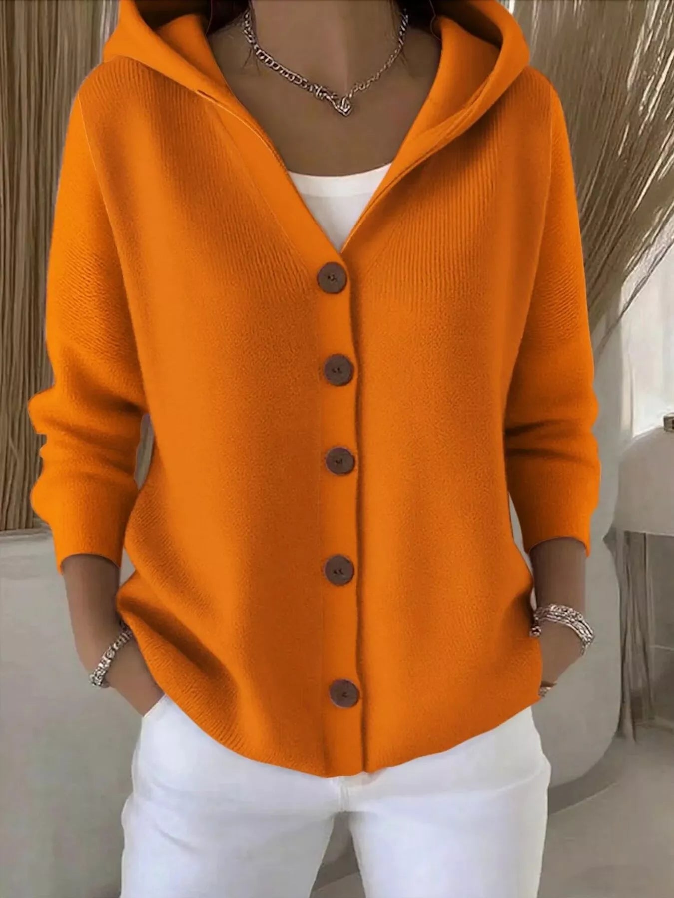Full Size Hooded Button-Front Soft Knit Cardigan Plus Size Orange