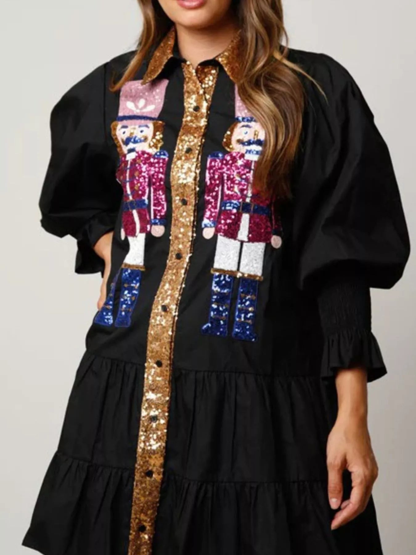 Full Size Christmas Sequin Nutcracker Tiered Shirt Dress Plus Size Black