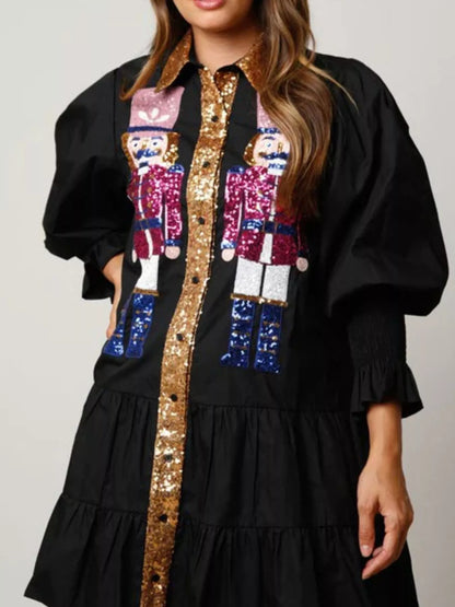 Full Size Christmas Sequin Nutcracker Tiered Shirt Dress Plus Size Black