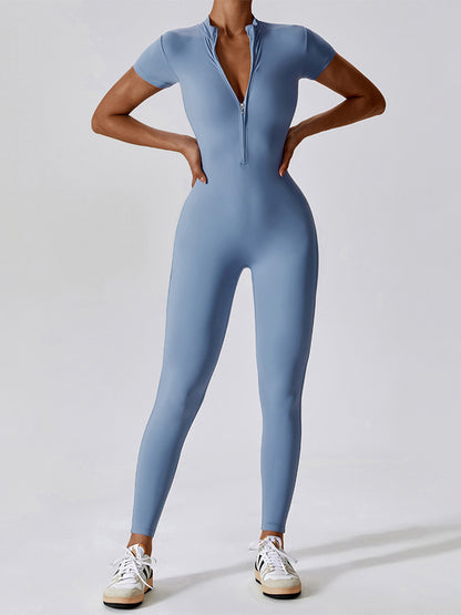 High-Stretch Nylon Half Zip Active Jumpsuit Light Blue