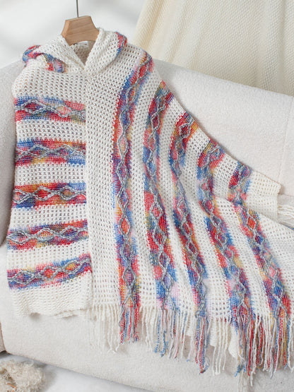 Fringe Contrast Hooded Poncho White One Size