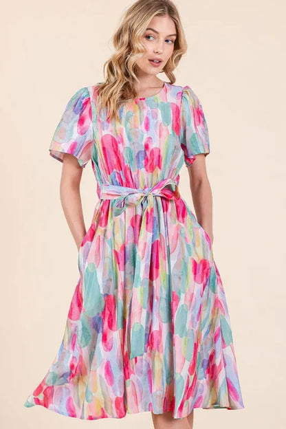 Lime 'N' Chili Watercolor Print Tie Front Midi Dress