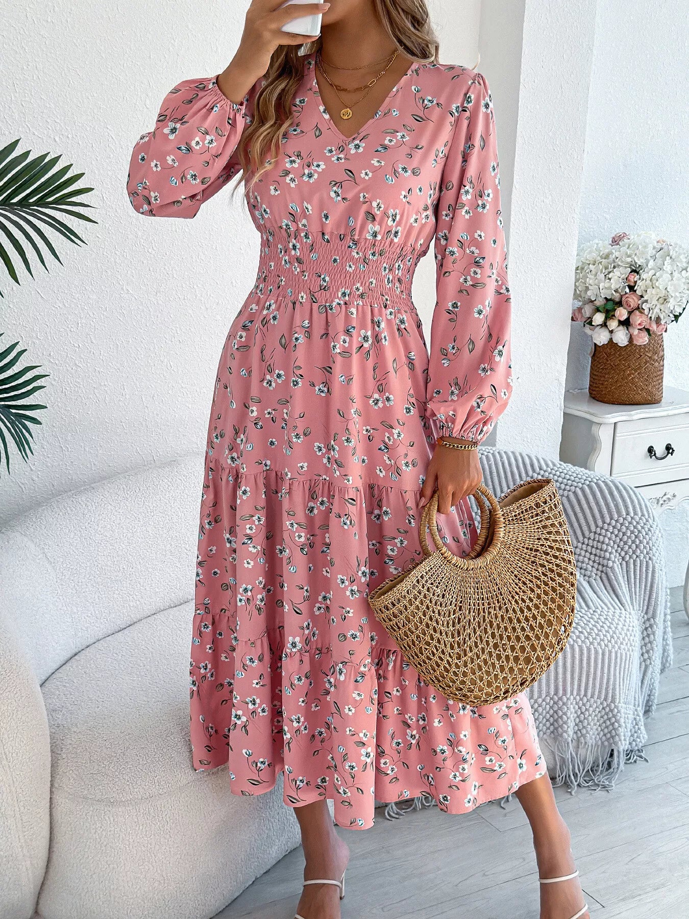 Floral Print Long Sleeve V-Neck Midi Dress