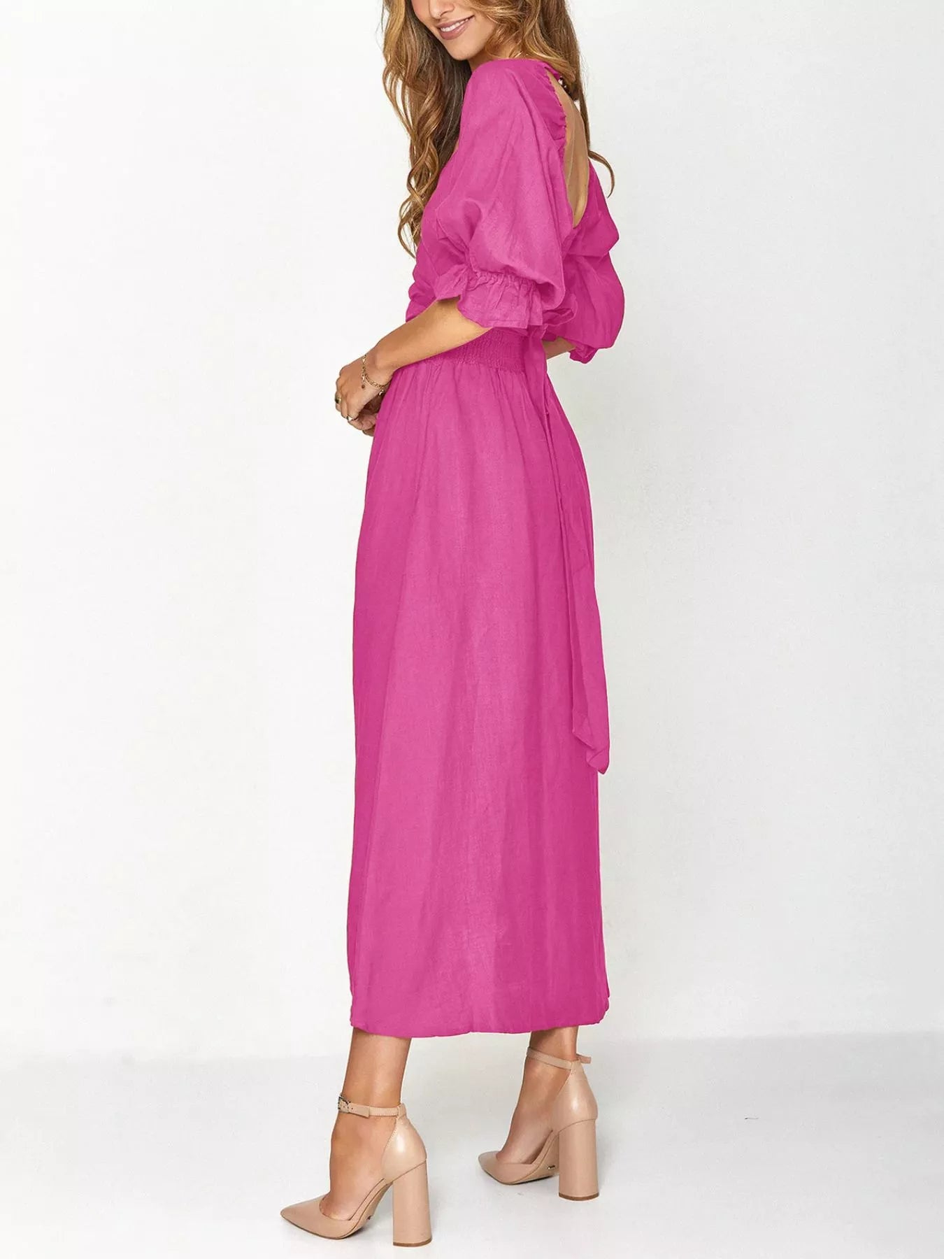 Smocked Puff Sleeves Midi Dress