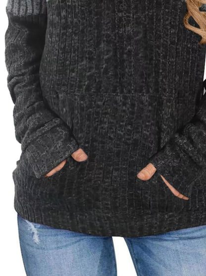 Full Size Color Block Ribbed Knit Hoodie Plus Size