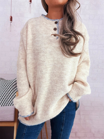 Ribbed Button Detail Long Sleeve Sweater
