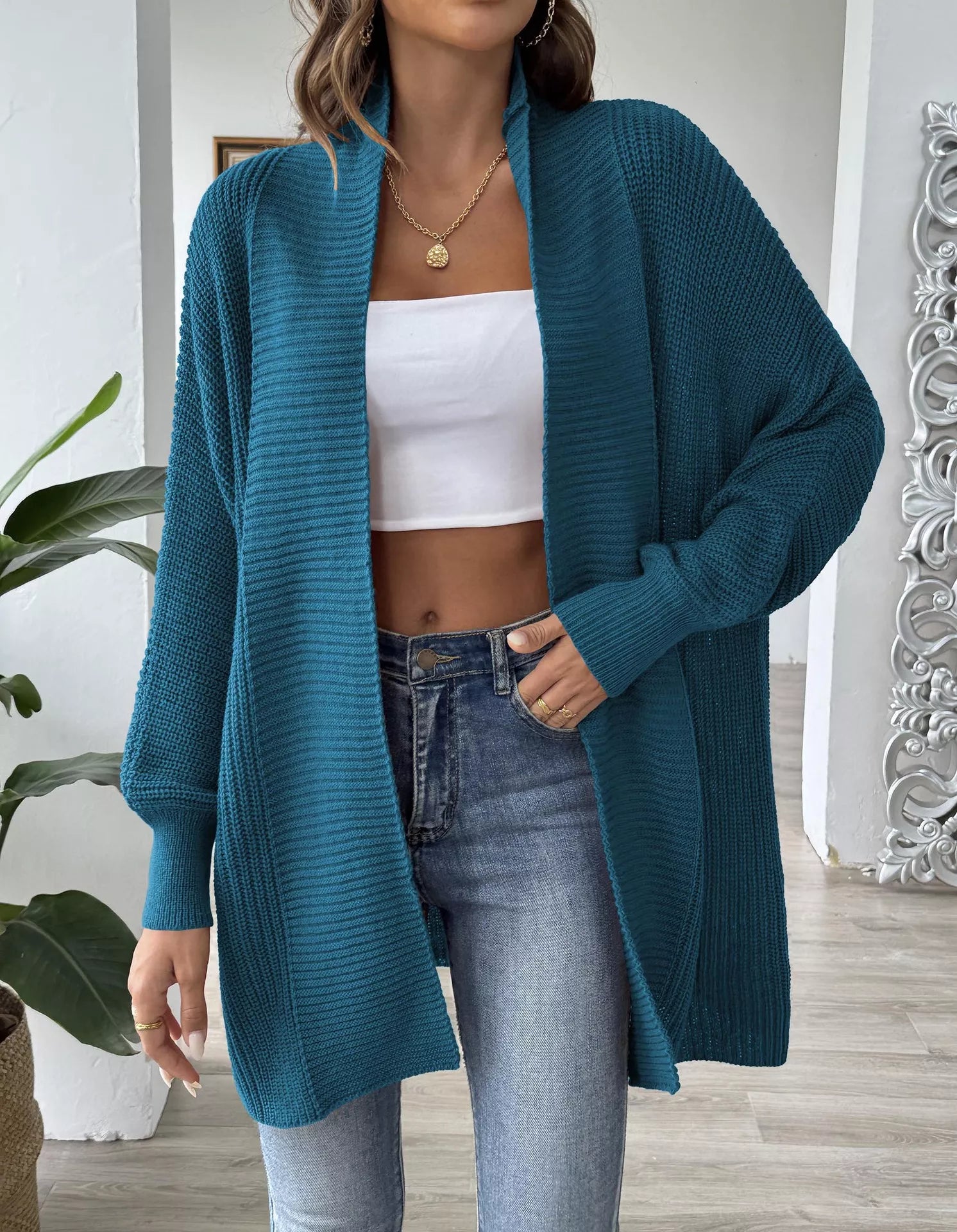 Open Front Ribbed Knit Cardigan