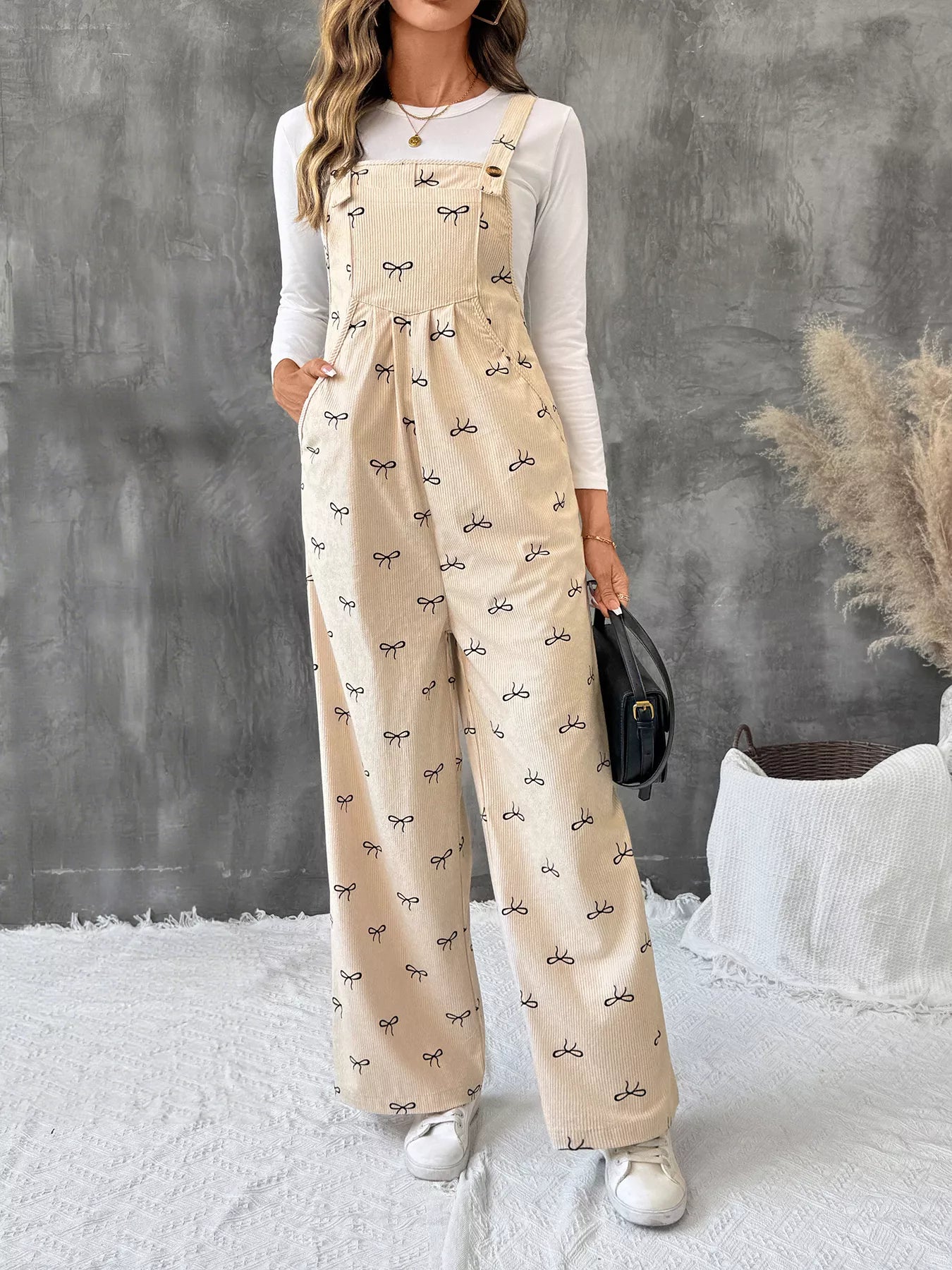 Bow Wide Leg Corduroy Overalls