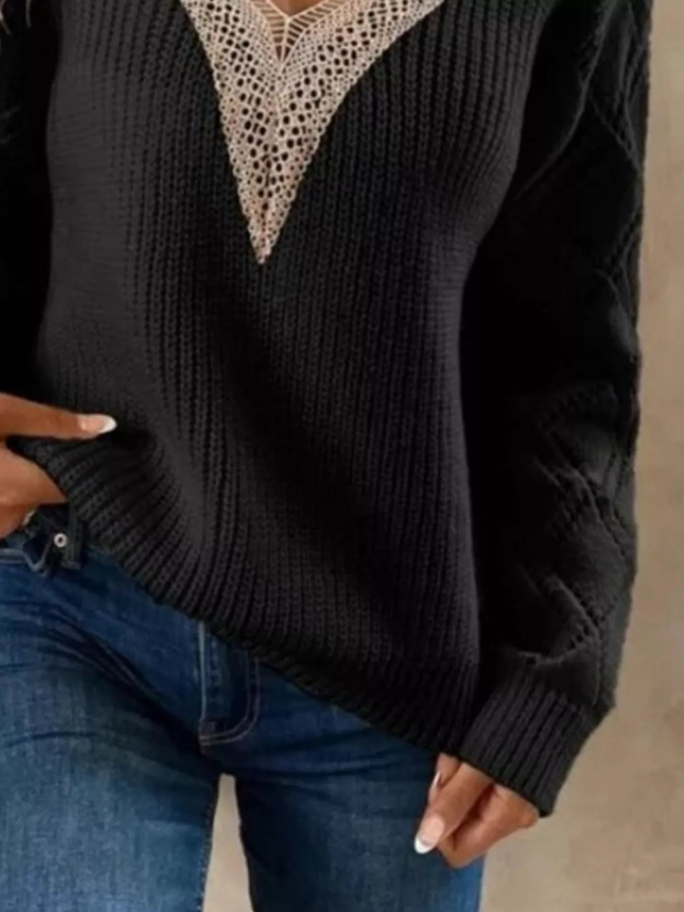 Openwork V-Neck Long Sleeve Sweater