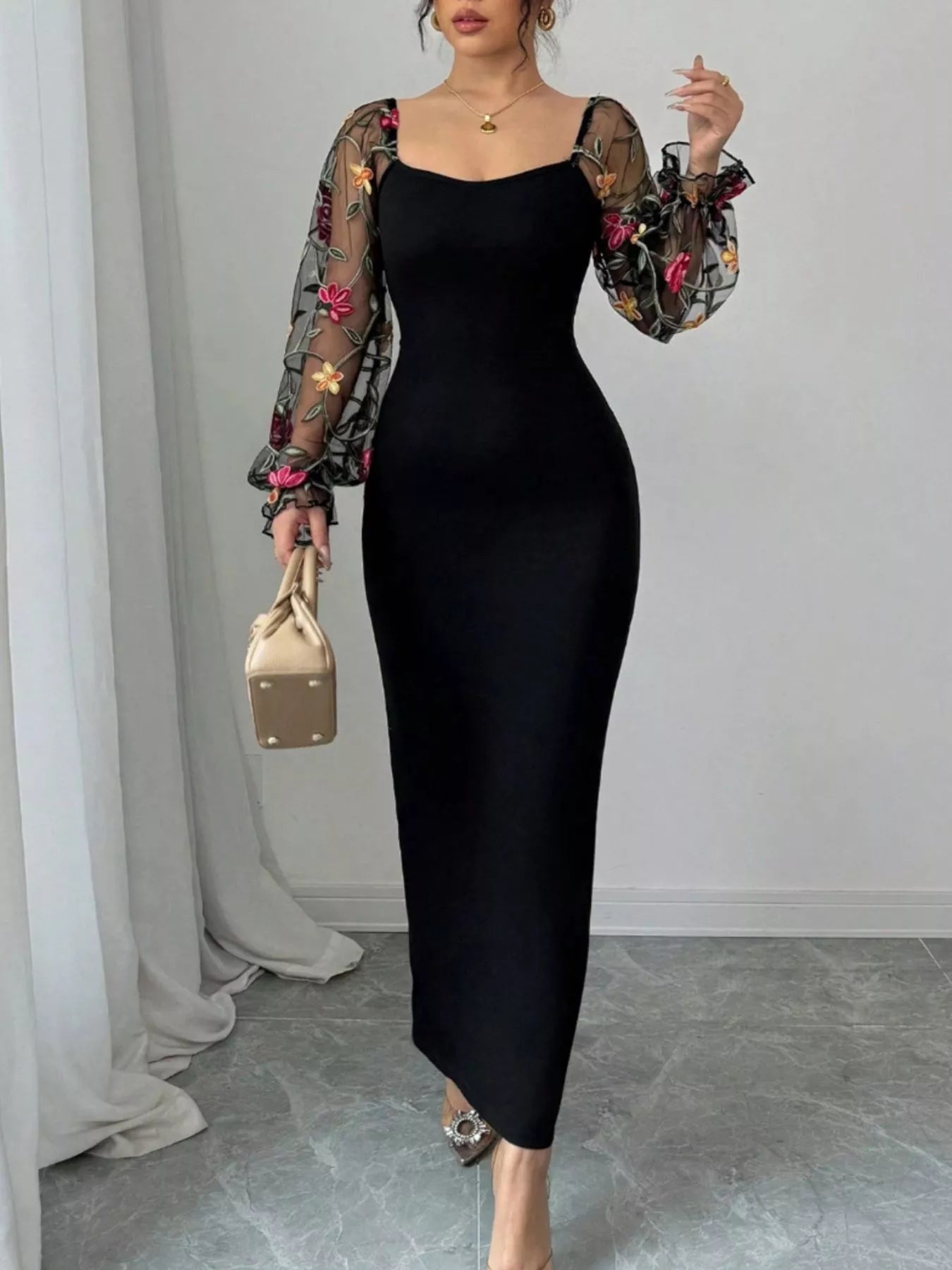 Sheer Floral Mesh Sleeves Bodycon Dress