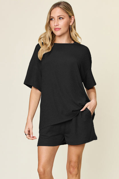 Slightly Stretchy Round Neck T-Shirt & Shorts Set Black
